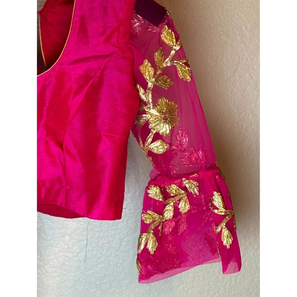 Vibhaa Blouse Womens Pink Gold Zari Embroidered Sheer Flared Sleeves Scoop Neck - Picture 4 of 11